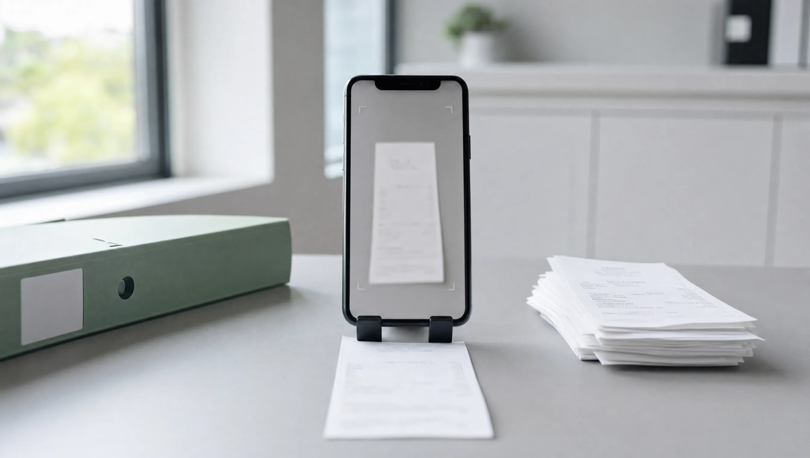 Smartphone erfasst einen Beleg auf einem aufgeräumten Schreibtisch