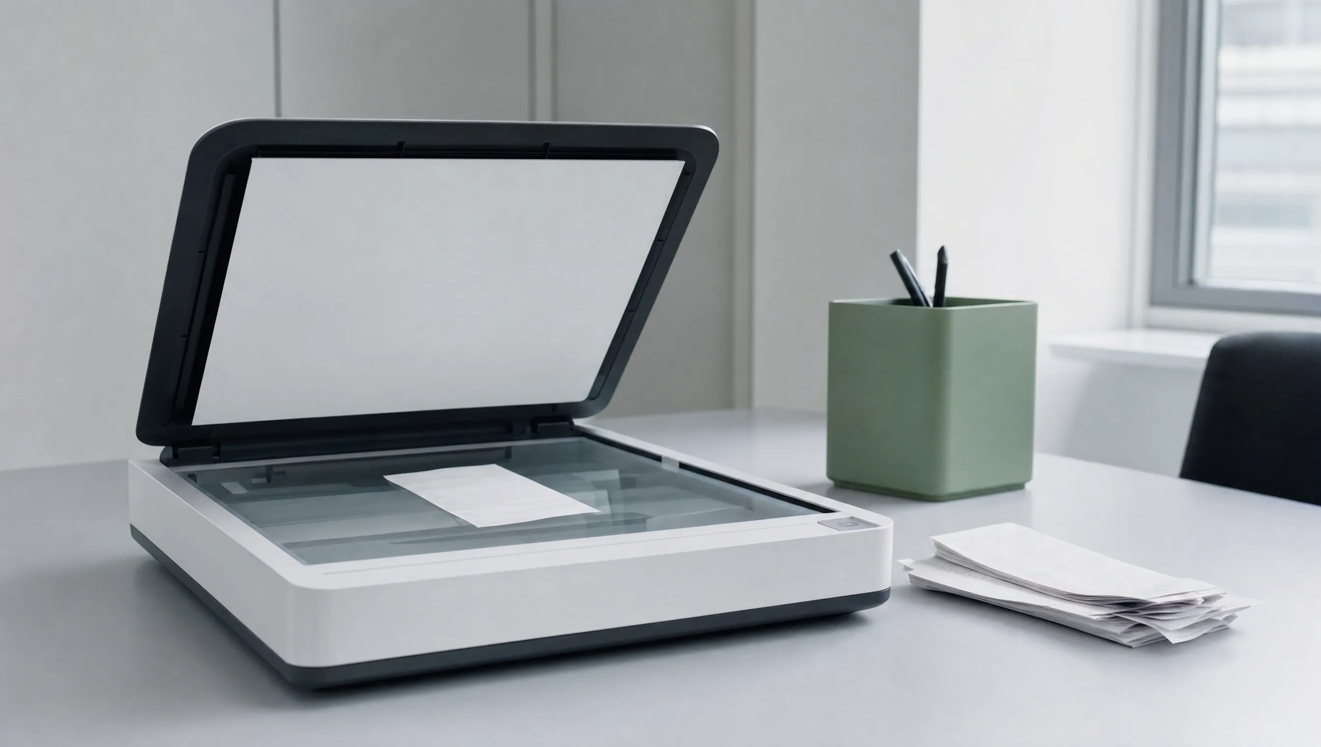 Papierbeleg auf der Glasfläche eines geöffneten Dokumentenscanners